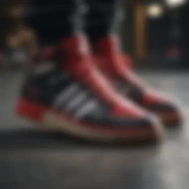 Innovative Footwear Technology Close-up of adidas Forum shoes showcasing innovative design and technology tailored for extreme sports.