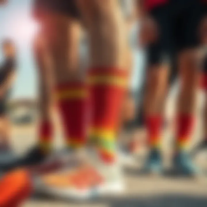 Group of extreme sports enthusiasts showcasing their Adidas rainbow socks