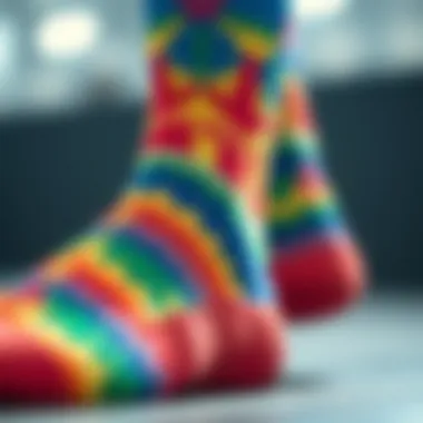 Close-up of the intricate design of Adidas rainbow socks showcasing color patterns