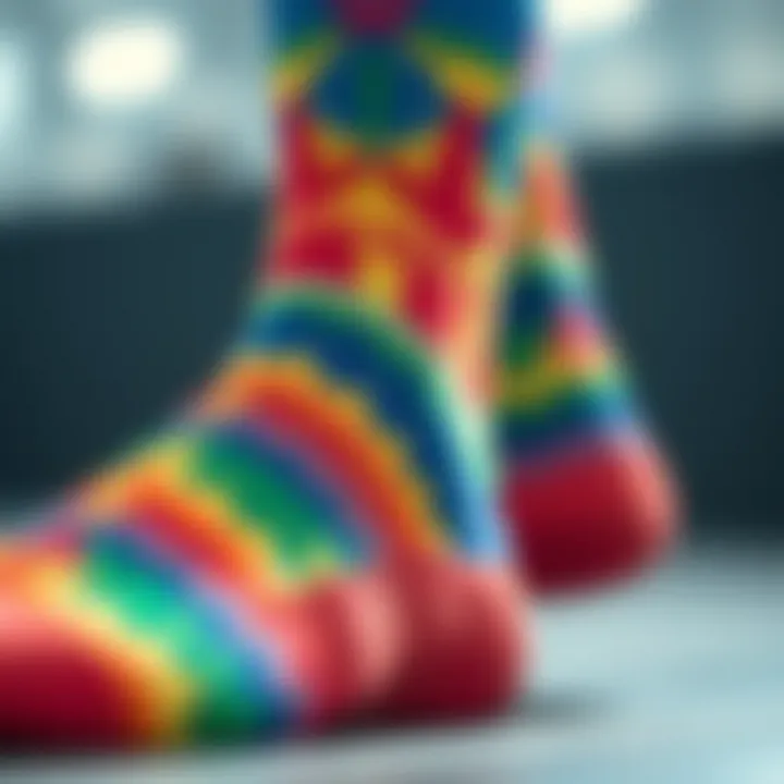 Close-up of the intricate design of Adidas rainbow socks showcasing color patterns