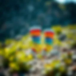 Vibrant display of Adidas rainbow socks against a rugged outdoor backdrop