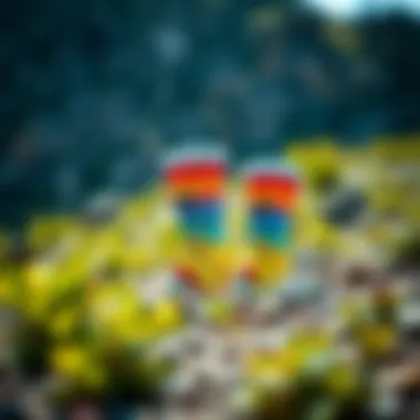 Vibrant display of Adidas rainbow socks against a rugged outdoor backdrop