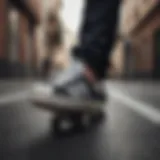 Adidas shoes with black and white stripes on a dynamic skateboarding background