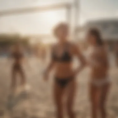 A group of friends enjoying a thrilling beach volleyball game under the sun