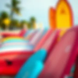 Vibrant boogie boards lined on the beach