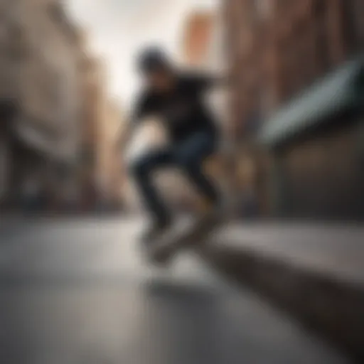 A dynamic shot of a skateboarder performing a trick in an urban environment