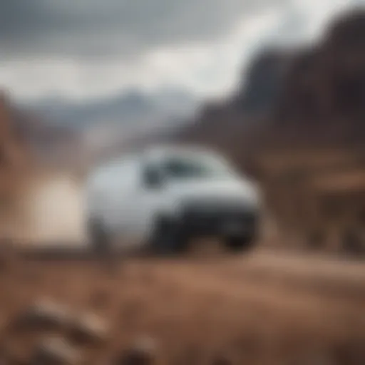 Dynamic shot of a white van on a rugged terrain