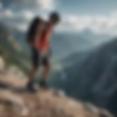 An athlete standing confidently on a mountain peak, wearing checkerboard slip-ons, symbolizing the fusion of performance and style.