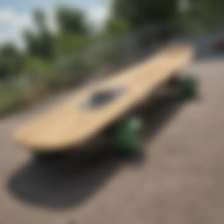 A bamboo skateboard in action on a skate park ramp.