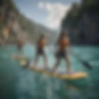 A diverse group using inflatable paddle boards in various conditions