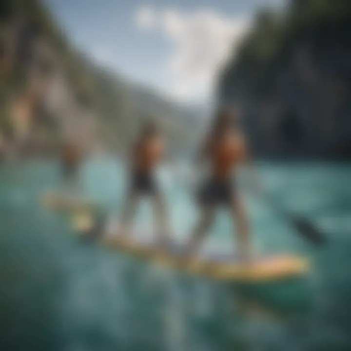 A diverse group using inflatable paddle boards in various conditions