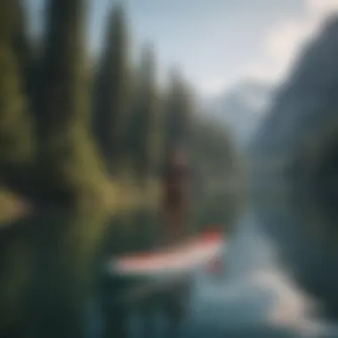 Vibrant Inflatable Paddle Board on Lake A vibrant inflatable paddle board on a serene lake