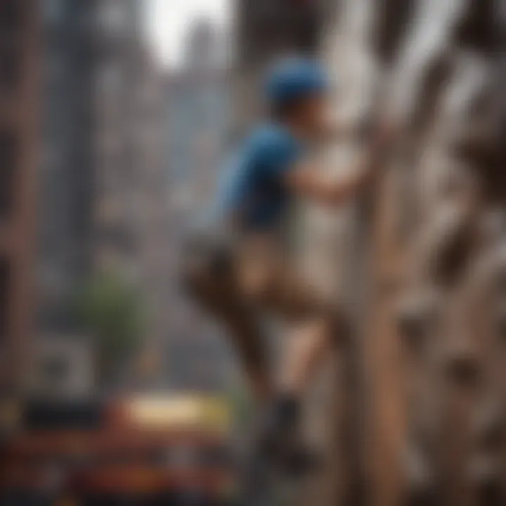 Rock climber tackling an urban climbing wall with determination