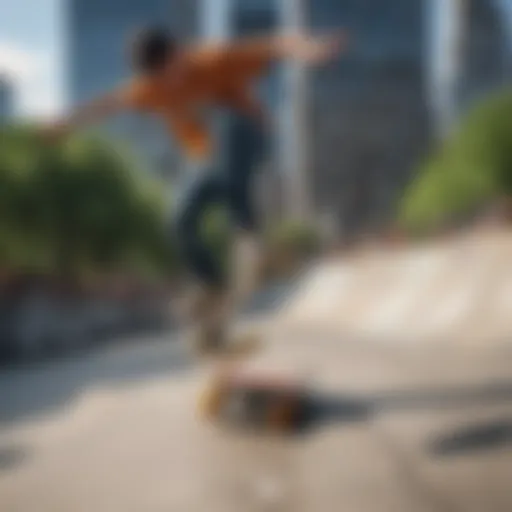 Skateboarder performing a trick at a vibrant skate park in NYC