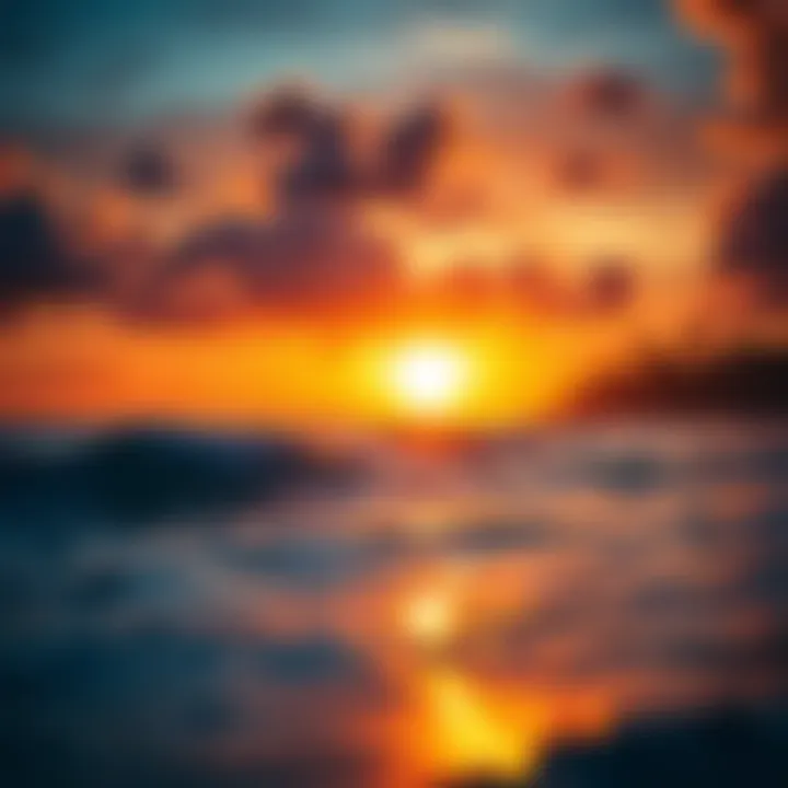 Captivating sunset view over the ocean with surfers in the distance