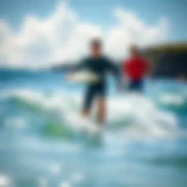 Surf instructor guiding beginners in the water