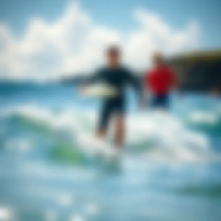 Surf instructor guiding beginners in the water