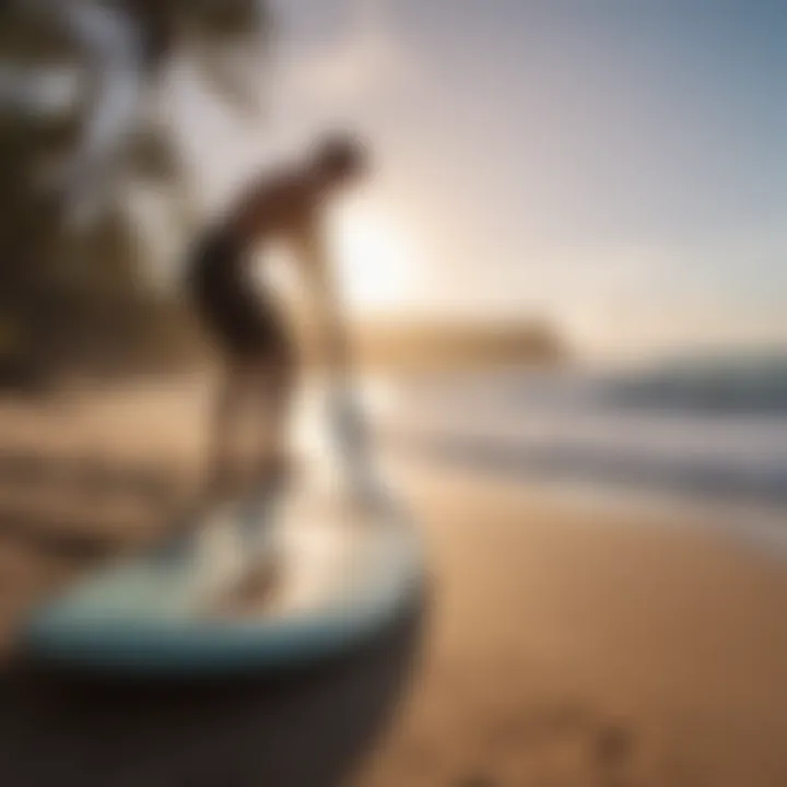 A surfer preparing equipment on a sandy shore
