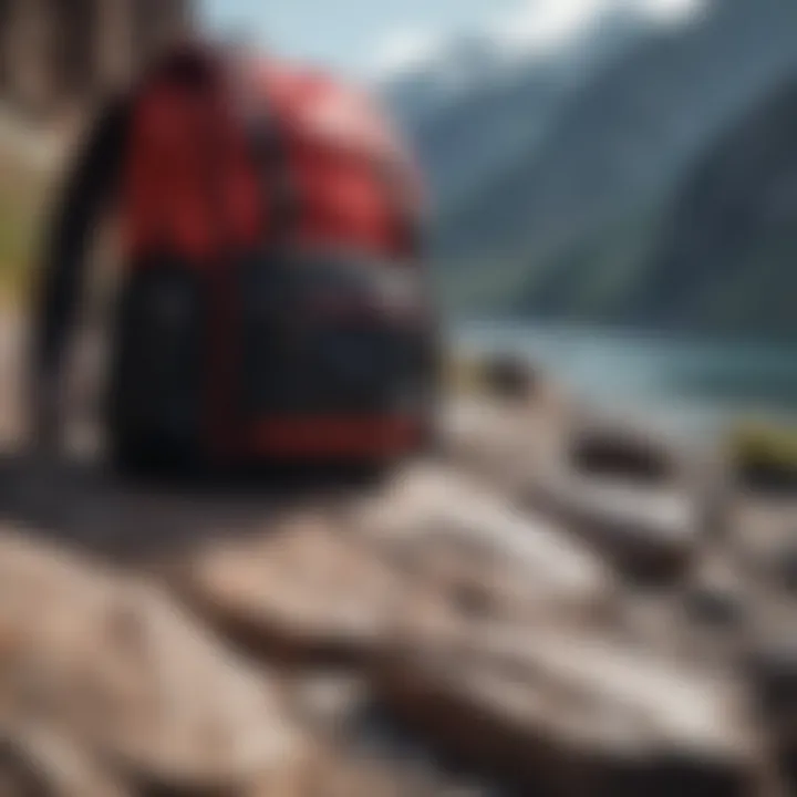 Stylish black and red bookbag on rocky terrain