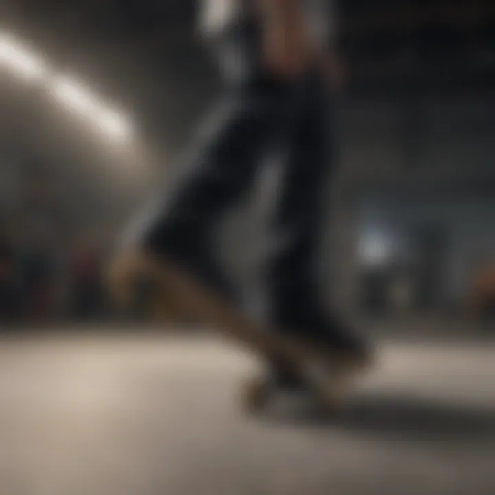 Skateboarder performing a trick in black shoes