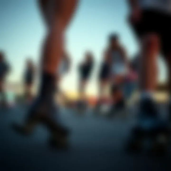 A group of skaters showcasing their black sparkle roller skates at a skating event.