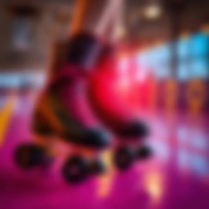 A dynamic shot of black sparkle roller skates in action on a vibrant skating surface.