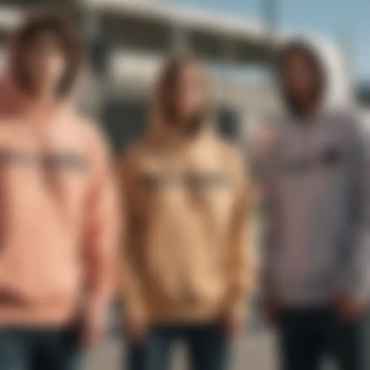 Group of skateboarders showcasing their blind hoodies in a skate park