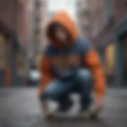 A skateboarder wearing a blind skateboard hoodie in an urban environment