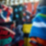 A vibrant array of board shorts in various colors and patterns under natural light