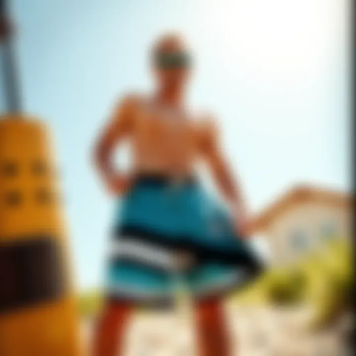 Stylish board shorts displayed with accessories like rash guards and sunglasses