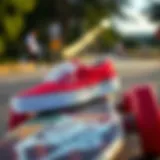 Bright Red Vans on Skateboard A vibrant pair of bright red vans resting on a skateboard