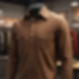 A stylish brown long sleeve button-up shirt displayed on a mannequin in a boutique setting.