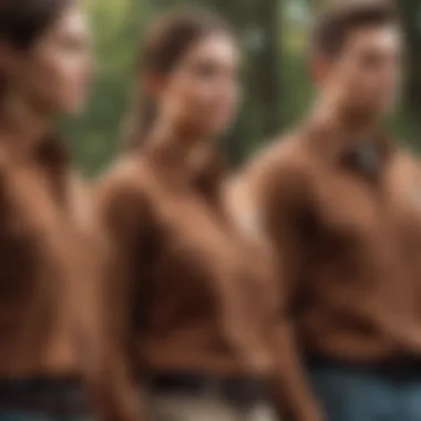 A group of extreme sports enthusiasts wearing brown long sleeve button-up shirts in an outdoor setting.