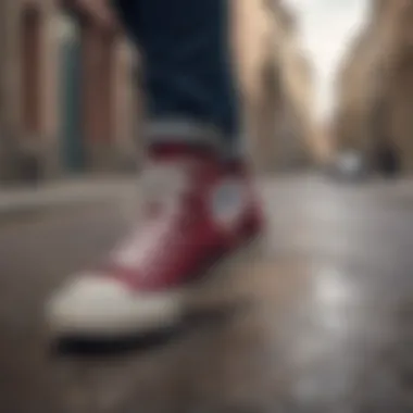 Urban explorer in burgundy Converse navigating city streets