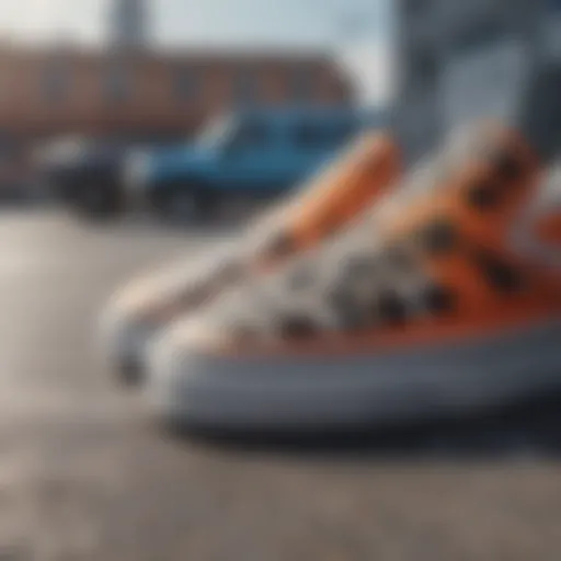 A close-up view of checkerboard slip-ons against an urban backdrop, showcasing their design and texture.