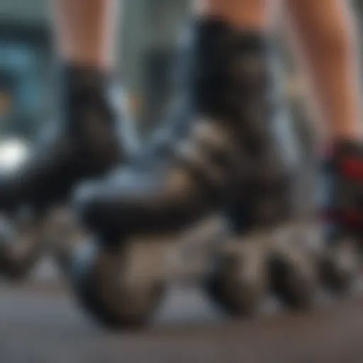 Close-up view of roller blades featuring adjustable buckles