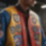 A vibrant class jacket adorned with patches from various extreme sports events