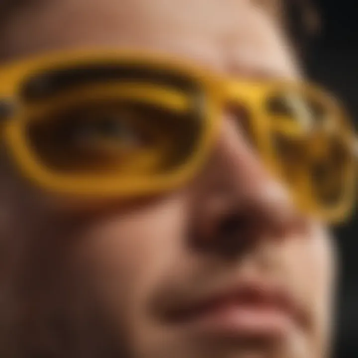 Close-up view of yellow Oakley sunglasses highlighting their unique design features