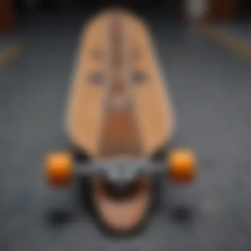 Detailed view of the longboard deck highlighting its shape and design features