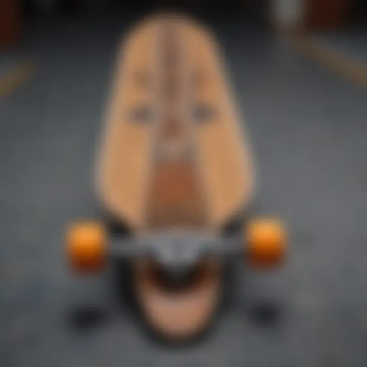 Detailed view of the longboard deck highlighting its shape and design features