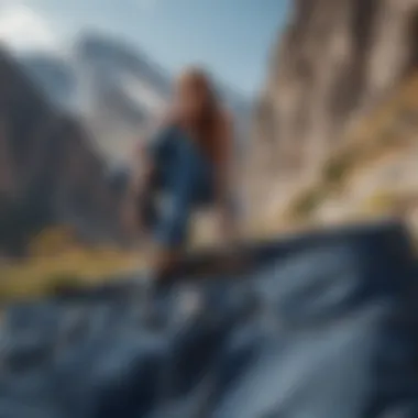 A climber wearing 686 jeans against a rugged mountain backdrop