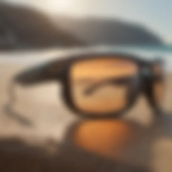 Close-up of Oakley surfing sunglasses showcasing lens technology