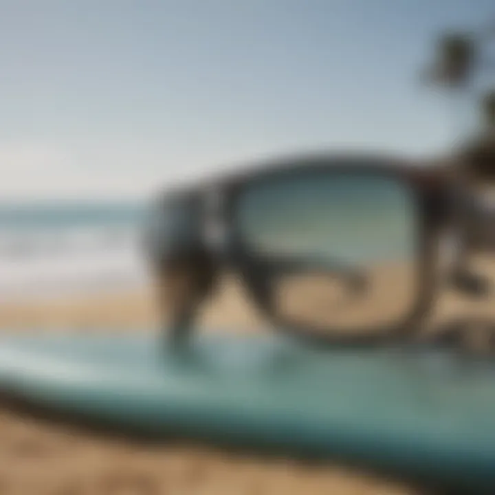 Stylish Oakley sunglasses on a surfboard at the beach