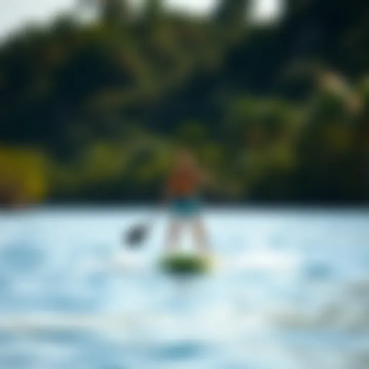 A scenic view of a person enjoying paddle boarding on a used inflatable board in nature