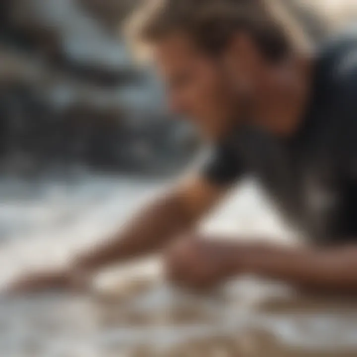 Surfer applying wax on a board