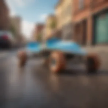 A vibrant street scene featuring a 27-inch cruiser skateboard in motion