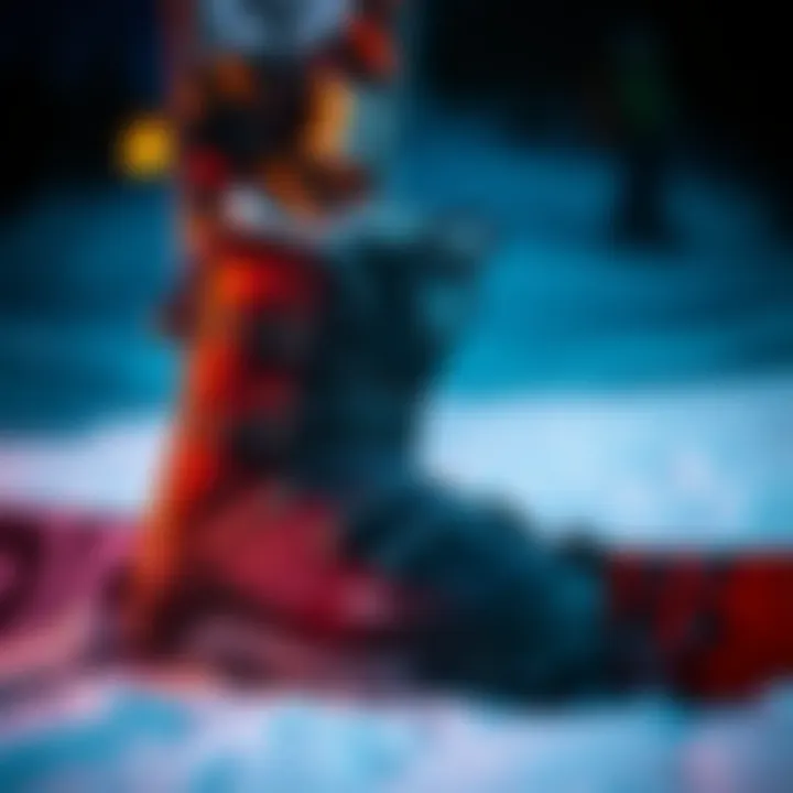 Close-up of essential snowboarding gear including boots, board, and bindings