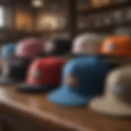 A collection of stylish flat bill hats displayed in an urban setting, showcasing different designs and colors