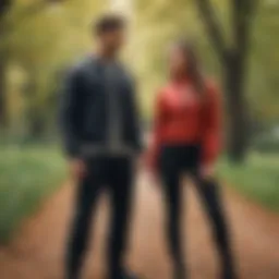 Couple showcasing harmonious fashion choices in a park setting