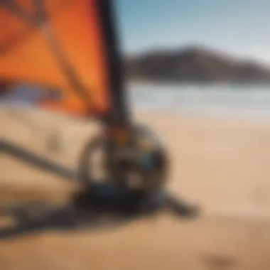 A collection of high-quality kite surfing equipment displayed on a sandy beach